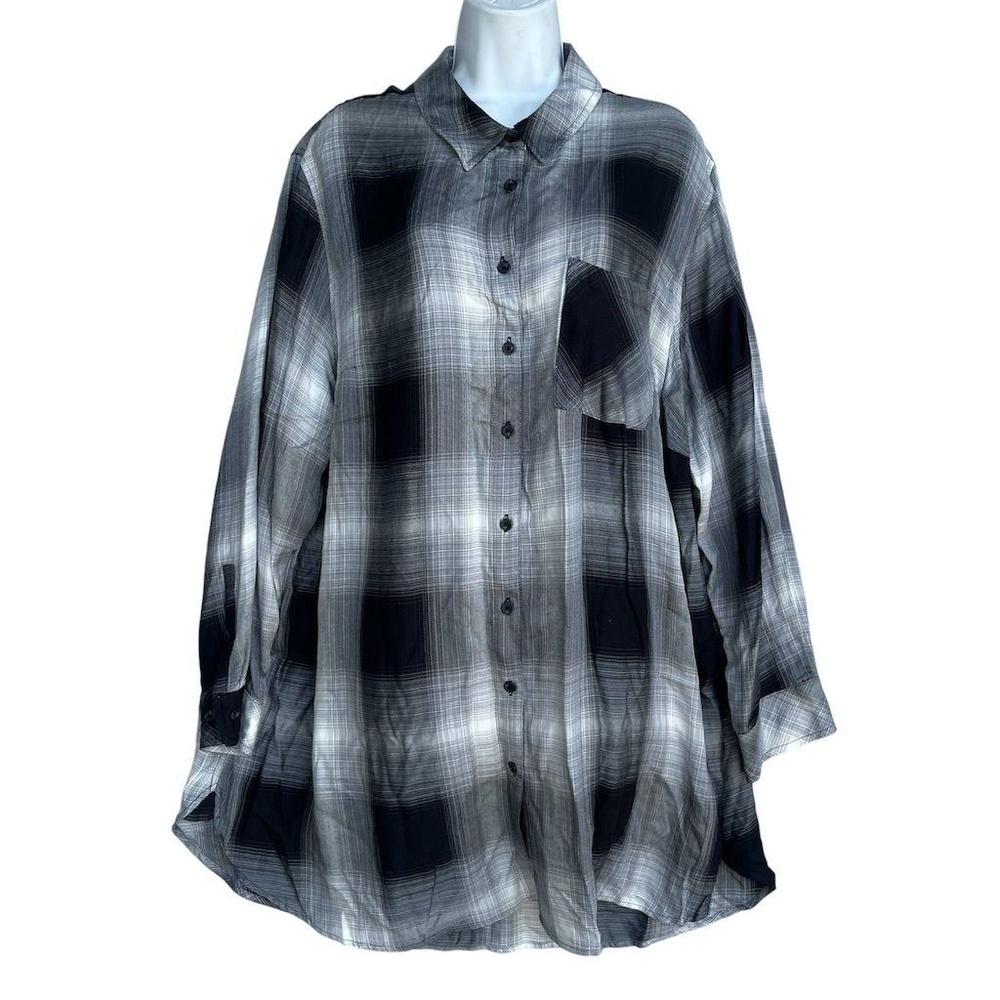 Ava & Viv Plaid Tunic Shirt Top Plus 3X Black Button-Back Long Sleeve Blouse